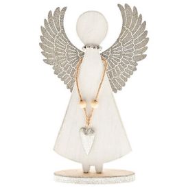Drewniany anioł z dużymi uniesionymi ku górze skrzydłami srebrny 1