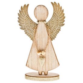 Drewniany anioł z dużymi uniesionymi ku górze skrzydłami beżowy 1